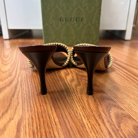 Gucci Brown Woven Jute Horsebit Heels Gold Chain Link Women’s Size 8.5B w/ box - Picture 8 of 11